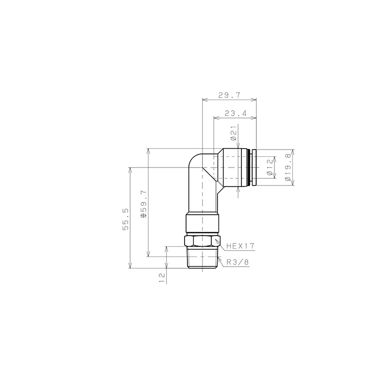 Bản vẽ kỹ thuật Đầu Nối Nhanh Khí Nén Dạng Cong 90° Ren Ngoài (Dài) Pisco PLL12-03