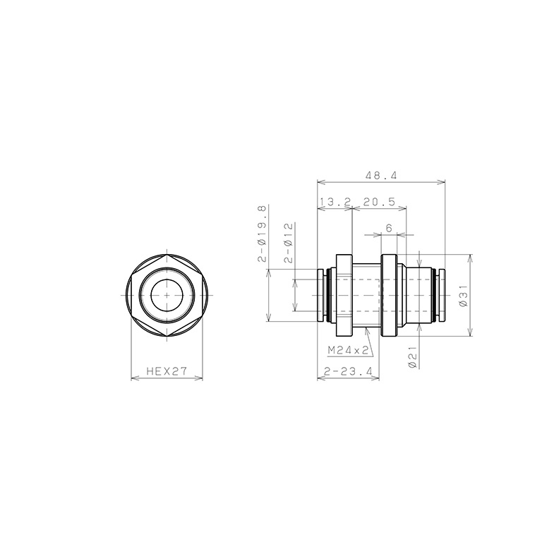 Bản vẽ kỹ thuật Đầu Nối Nhanh Khí Nén Dạng Thẳng Ren Ngoài Lắp Kẹp Vách Pisco PMP12-UC