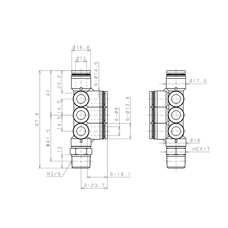 Bản vẽ kỹ thuật Đầu Nối Nhanh Khí Nén Dạng Chữ T Sáu Nhánh Ren Ngoài Pisco PKVD10-8-03