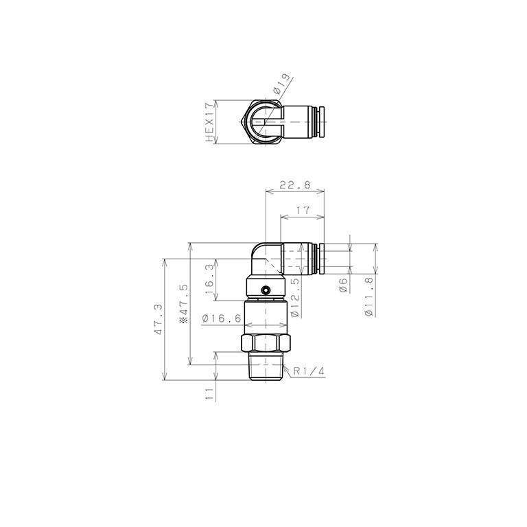 Bản vẽ kỹ thuật Đầu Nối Nhanh Khí Nén Dạng Cong 90° Ren Ngoài Có Khớp Xoay Tốc Độ Cao Pisco RHL6-02