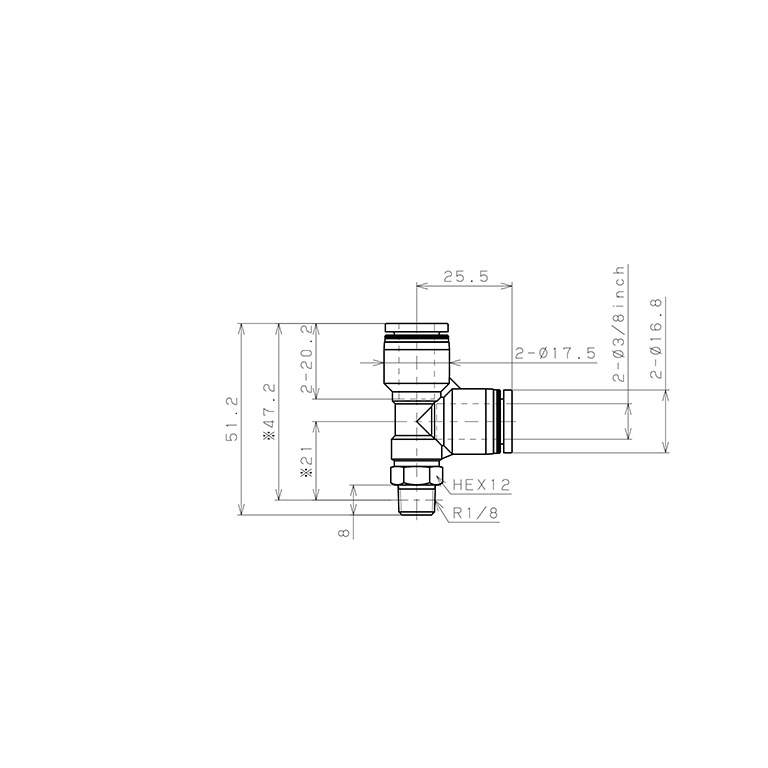 Bản vẽ kỹ thuật Đầu Nối Nhanh Khí Nén Dạng Chữ T Ren Ngoài Pisco PD3/8-01-C