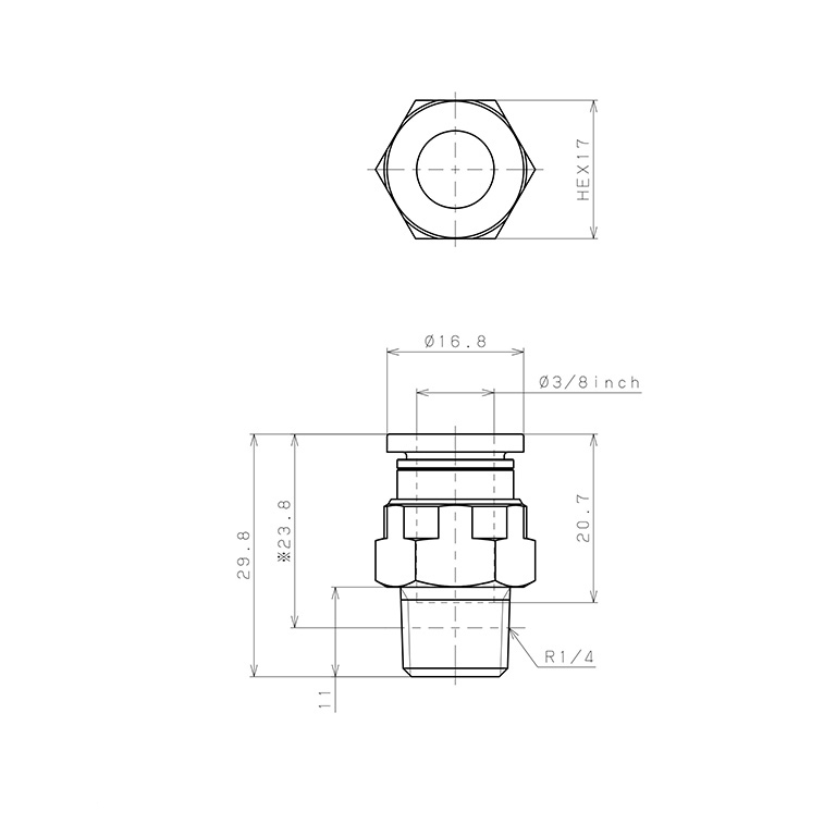 Bản vẽ kỹ thuật Đầu Nối Nhanh Khí Nén Dạng Thẳng Thân Lục Giác Ren Ngoài Pisco PC3/8-02
