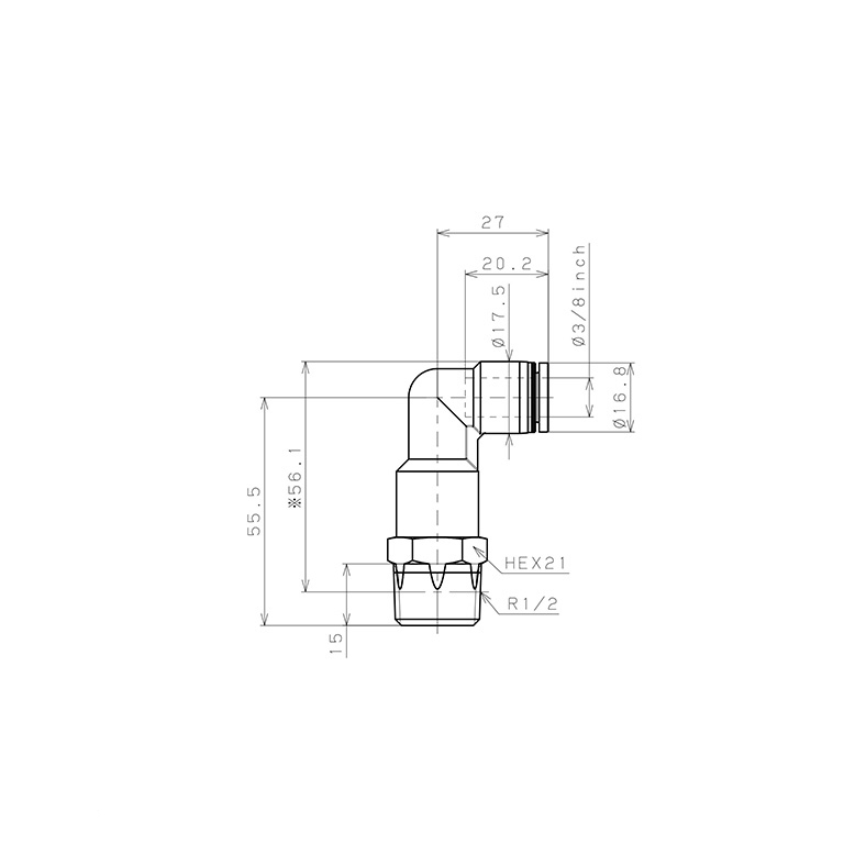 Bản vẽ kỹ thuật Đầu Nối Nhanh Khí Nén Dạng Cong 90° Ren Ngoài (Dài) Pisco PLL3/8-04W