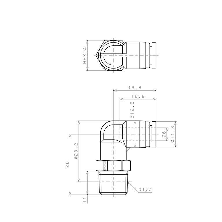 Bản vẽ kỹ thuật Đầu Nối Nhanh Khí Nén Dạng Cong 90° Ren Ngoài Pisco SPPL6-02