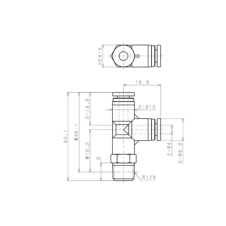 Bản vẽ kỹ thuật Đầu Nối Nhanh Khí Nén Dạng Chữ T Ren Ngoài Pisco SPPD4-01SP