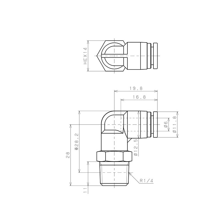 Bản vẽ kỹ thuật Đầu Nối Nhanh Khí Nén Dạng Cong 90° Ren Ngoài Pisco SPPL6-02SP
