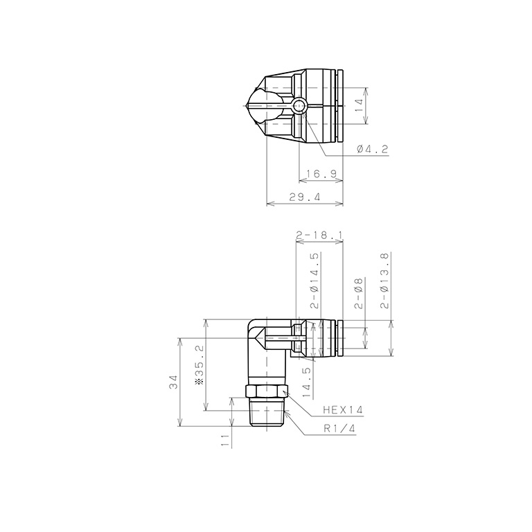 Bản vẽ kỹ thuật Đầu Nối Nhanh Khí Nén Hai Nhánh Cong 90° Ren Ngoài Pisco SPAX8-02
