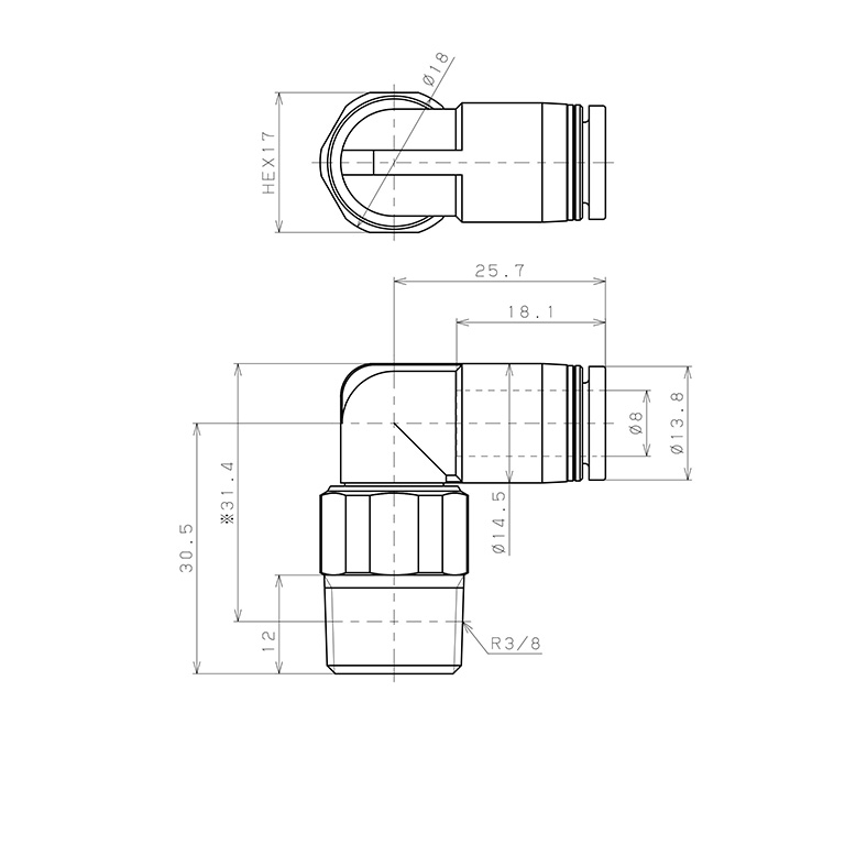 Bản vẽ kỹ thuật Đầu Nối Nhanh Khí Nén Dạng Cong 90° Ren Ngoài Có Khớp Xoay Pisco RL8-03