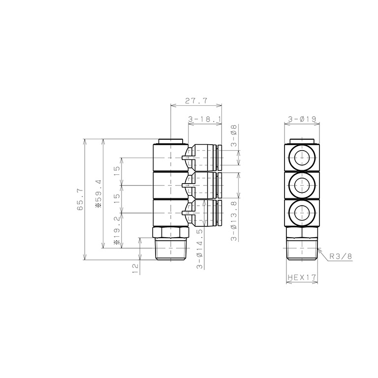 Bản vẽ kỹ thuật Đầu Nối Nhanh Khí Nén Ba Nhánh Cong 90° Thân Lục Giác Trụ Ren Ngoài Pisco SPHT8-03