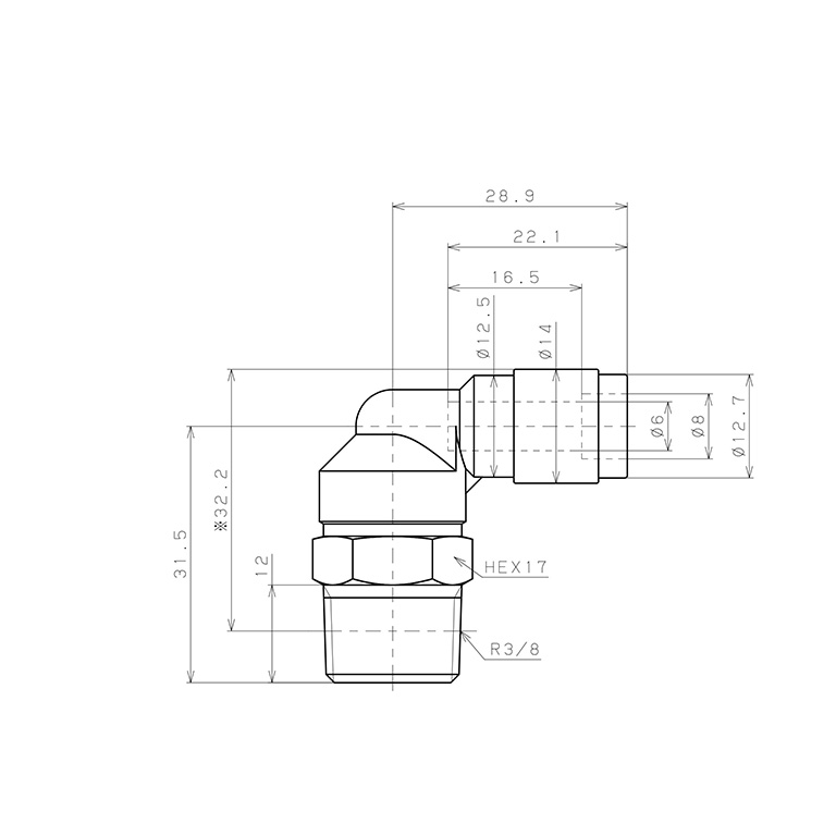 Bản vẽ kỹ thuật Đầu Nối Nhanh Khí Nén Dạng Cong 90° Ren Ngoài Pisco PL6-03V-0