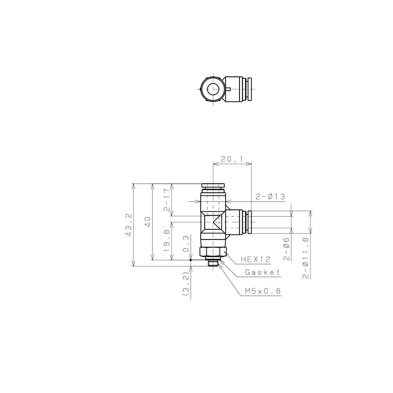 Bản vẽ kỹ thuật Đầu Nối Nhanh Khí Nén Dạng Chữ T Ren Ngoài Pisco SPD6-M5