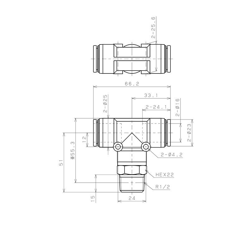 Bản vẽ kỹ thuật Đầu Nối Nhanh Khí Nén Dạng Chữ T Ren Ngoài Pisco SPB16-04