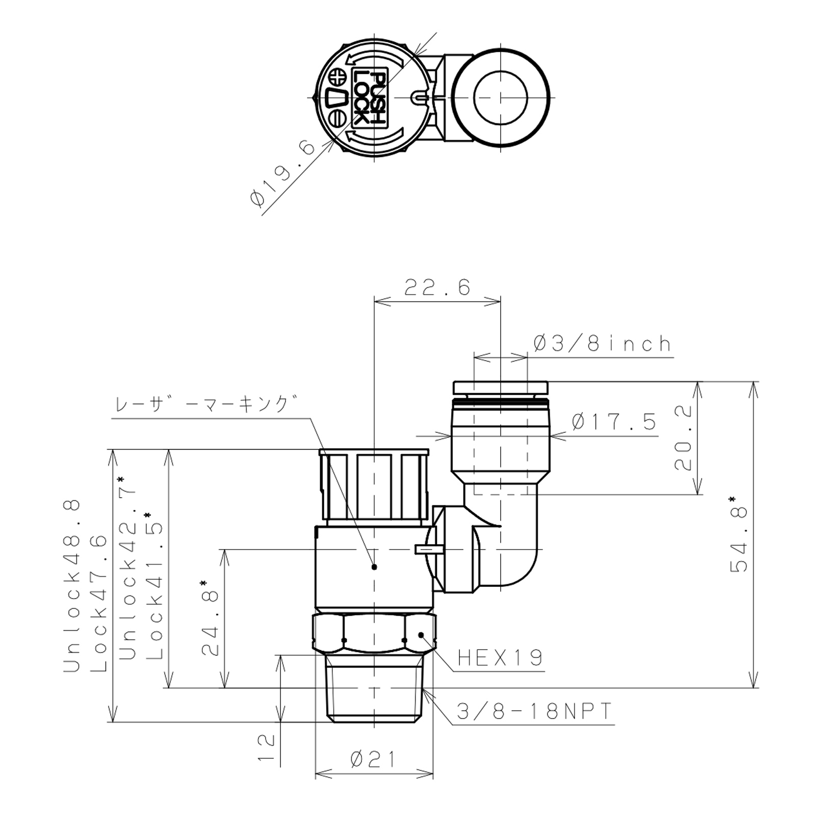 Bản vẽ kỹ thuật Van Tiết Lưu Khí Nén Loại Khóa Đẩy Có Hiển Thị Chỉ Số Pisco JSGS3/8-N3BW