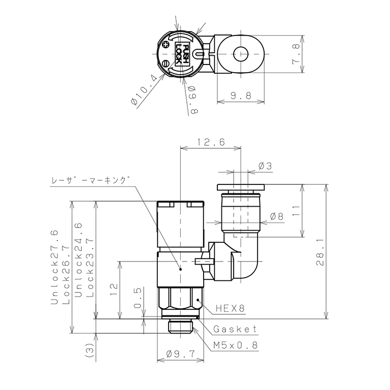 Bản vẽ kỹ thuật Van Tiết Lưu Khí Nén Loại Khóa Đẩy Có Hiển Thị Chỉ Số Pisco JSGS3-M5ALW