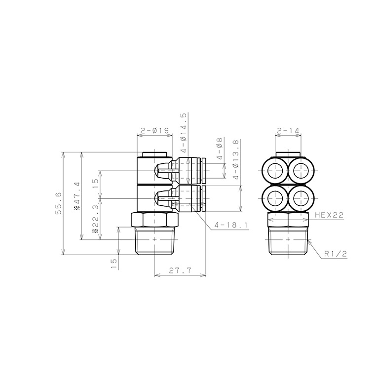 Bản vẽ kỹ thuật Đầu Nối Nhanh Khí Nén Bốn Nhánh Cong 90° Thân Lục Giác Trụ Ren Ngoài Pisco SPAW8-04