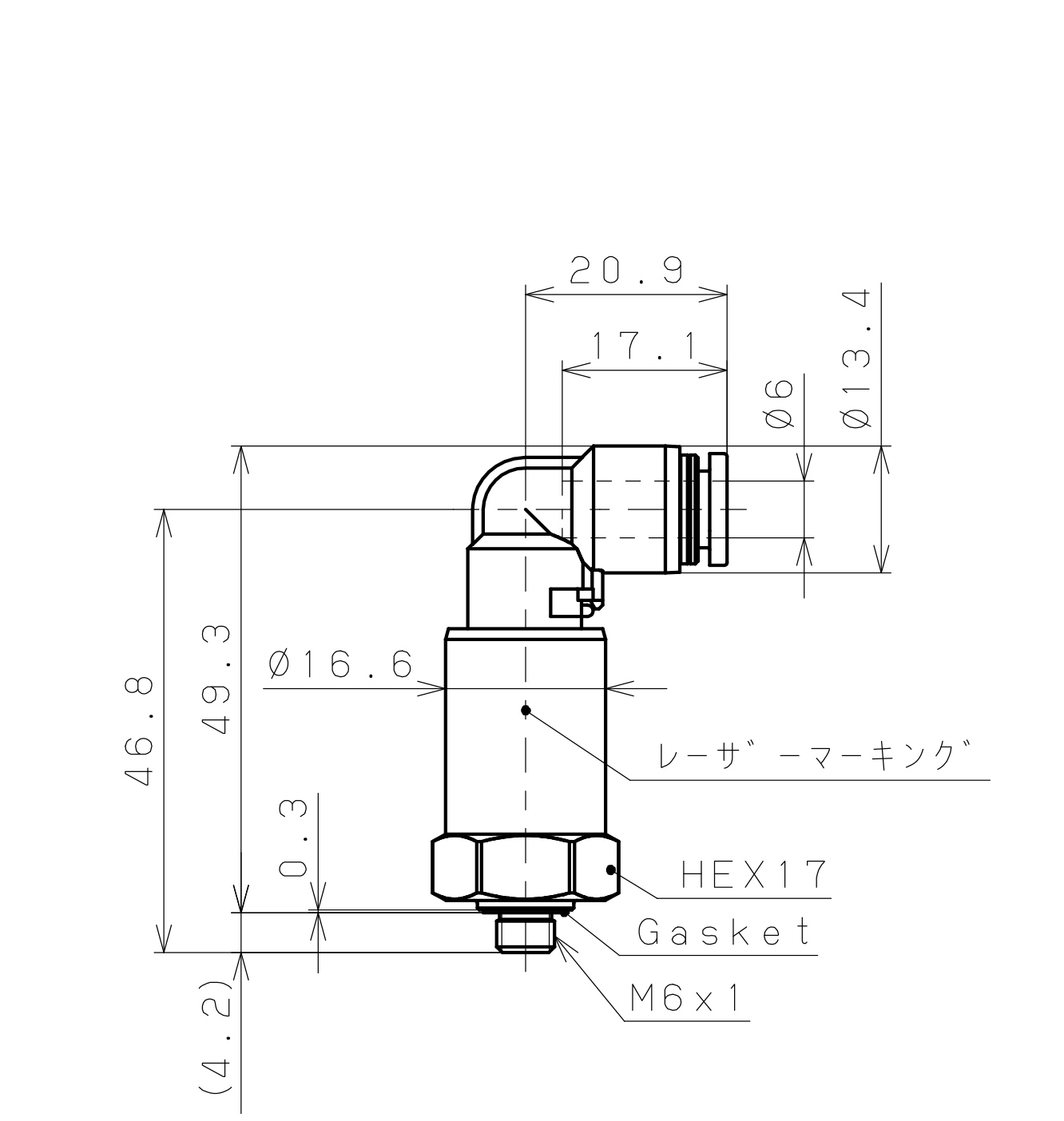 Bản vẽ kỹ thuật Đầu Nối Nhanh Khí Nén Dạng Cong 90° Ren Ngoài Có Khớp Xoay Pisco RAL6-M6SUS-F