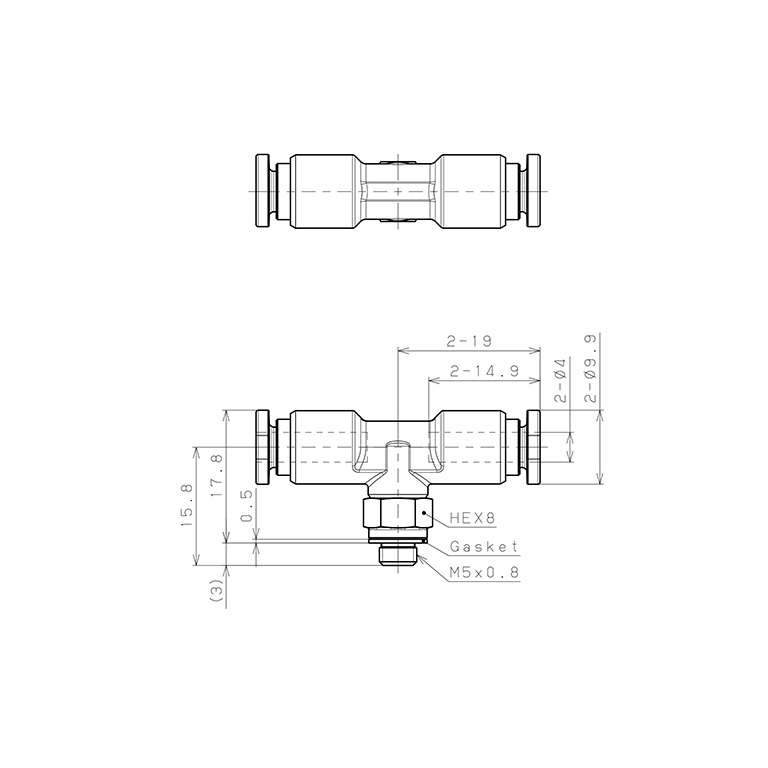 Bản vẽ kỹ thuật Đầu Nối Nhanh Khí Nén Dạng Chữ T Ren Ngoài Pisco SSPB4-M5-X